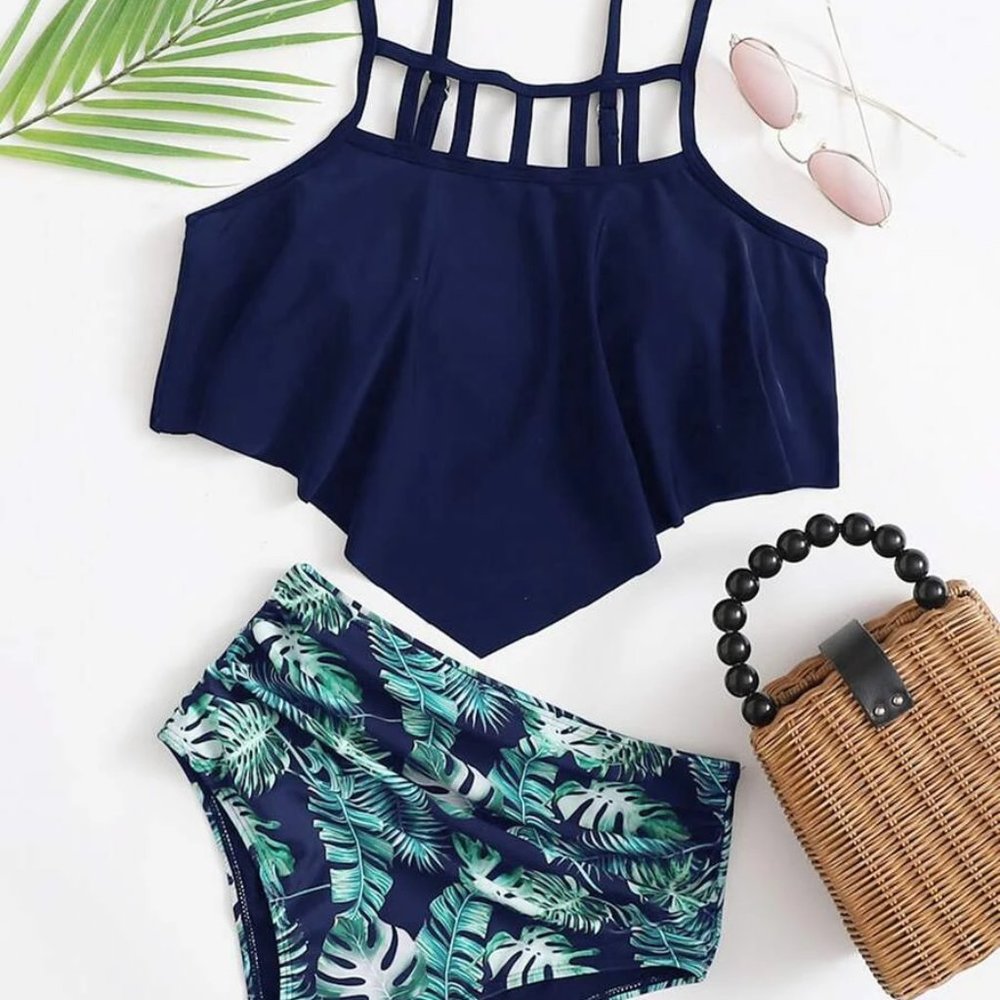 Navy Flounce Tropical High Waisted Swimsuit